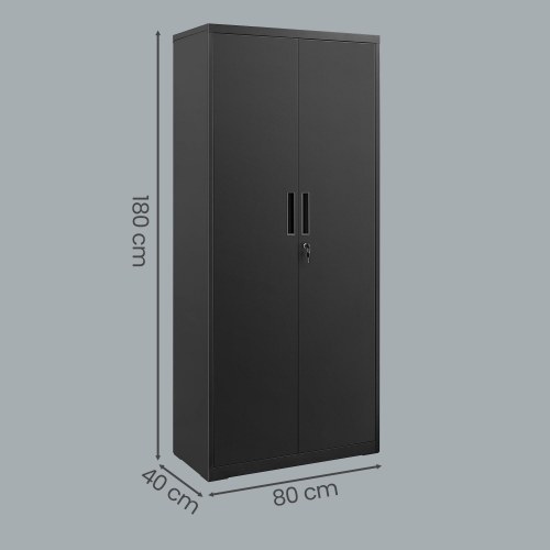Stål opbevaringsskab med lås – 4 justerbare hylder, dobbeltlåger, sort (80 × 180 × 40 cm)