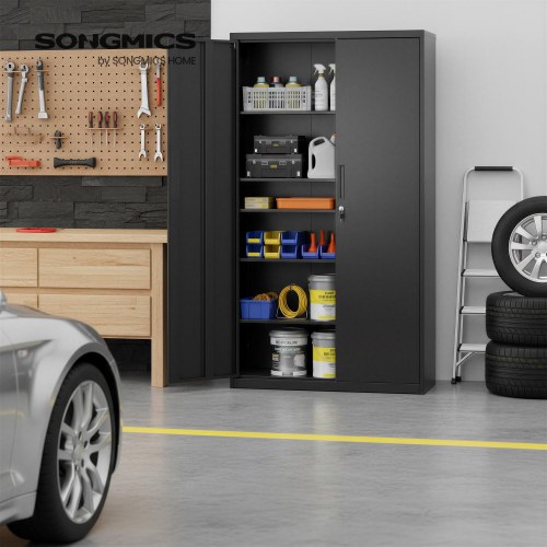 Stål opbevaringsskab med lås – 4 justerbare hylder, dobbeltlåger, sort (80 × 180 × 40 cm)