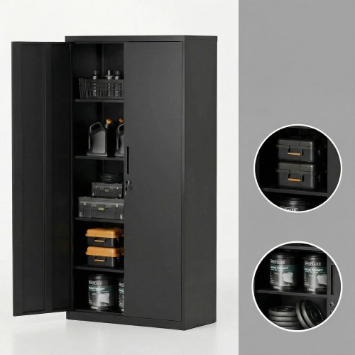 Stål opbevaringsskab med lås – 4 justerbare hylder, dobbeltlåger, sort (80 × 180 × 40 cm)