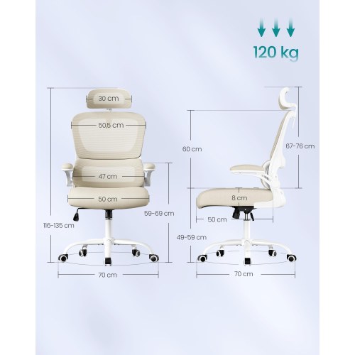 Ergonomisk kontorstol i mesh - dynamisk lændestøtte, justerbar nakkestøtte, sandbeige