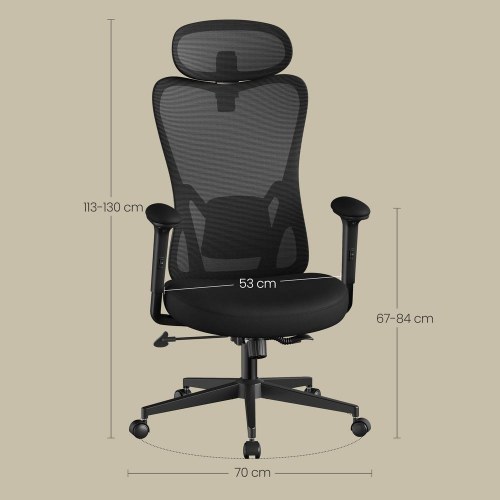 Ergonomisk kontorstol med justerbar nakkestøtte og lændestøtte - sort (op til 150 kg)