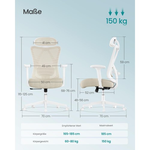 Ergonomisk kontorstol i mesh – højde- og lændestøtte, cappuccino beige (OBN063LH01)