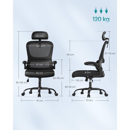 Ergonomisk mesh kontorstol med dynamisk lændestøtte og justerbar nakkestøtte – blæksort (OBN041B01)