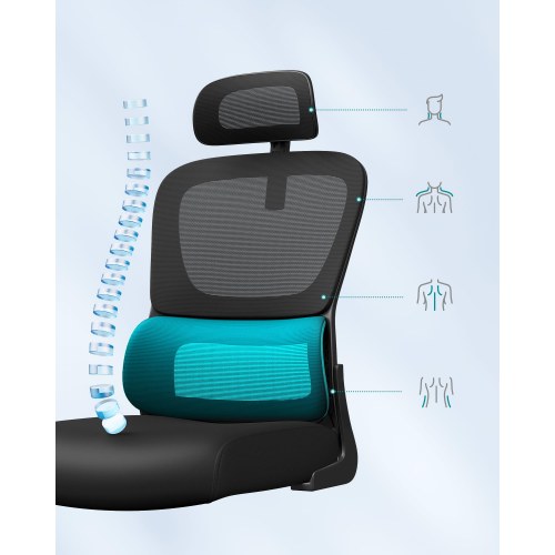 Ergonomisk mesh kontorstol med dynamisk lændestøtte og justerbar nakkestøtte – blæksort (OBN041B01)