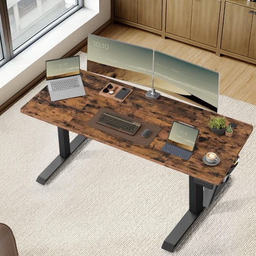 Elektrisk hæve-sænkebord 160,1 × 70,1 cm – 4 memory-højder, hjemmekontor, rustik brun