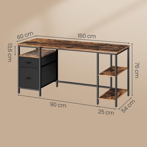 Skrivebord med 3 hylder og 2 skuffer - rustik brun/matsort