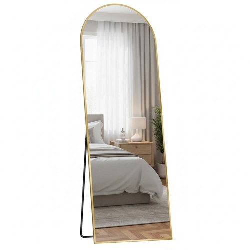 Buet gulvspejl 160 × 50 cm med stander – hærdet glas, aluminium, lys guld