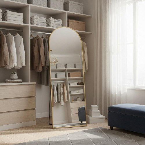 Buet gulvspejl 160 × 50 cm med stander – hærdet glas, aluminium, lys guld