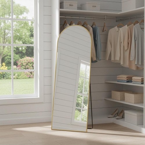 Buet gulvspejl 160 × 50 cm med stander – hærdet glas, aluminium, lys guld