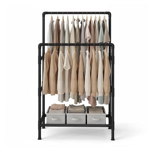 Tøjstativ med 2 bøjleskinner og hylde – metalstativ, max. 55 kg, nem montering, sort (RDR001B02)