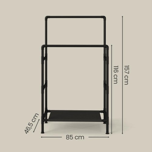 Tøjstativ med 2 bøjleskinner og hylde – metalstativ, max. 55 kg, nem montering, sort (RDR001B02)