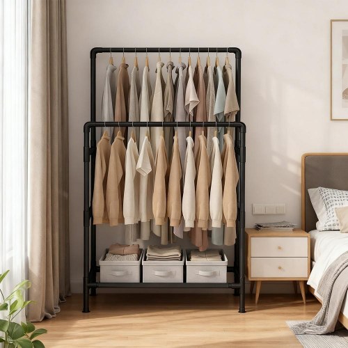 Tøjstativ med 2 bøjleskinner og hylde – metalstativ, max. 55 kg, nem montering, sort (RDR001B02)