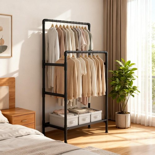 Tøjstativ med 2 bøjleskinner og hylde – metalstativ, max. 55 kg, nem montering, sort (RDR001B02)