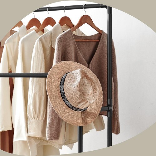 Tøjstativ med 2 bøjleskinner og hylde – metalstativ, max. 55 kg, nem montering, sort (RDR001B02)