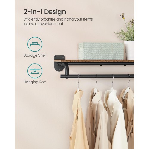 Vægmonteret tøjstativ med hylde – 28 × 109 × 13,2 cm, rustik brun/sort, bæreevne 35 kg