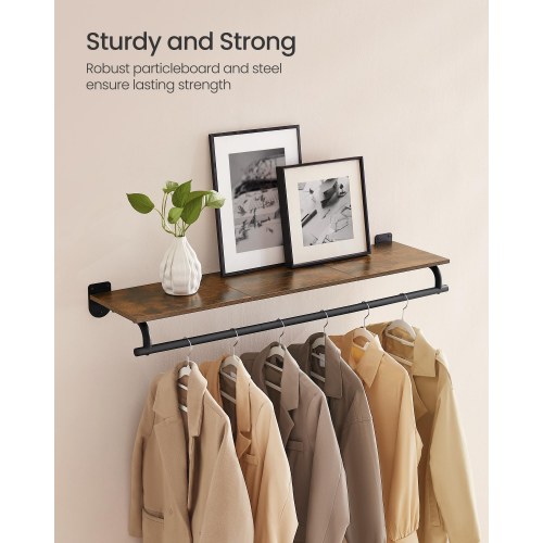 Vægmonteret tøjstativ med hylde – 28 × 109 × 13,2 cm, rustik brun/sort, bæreevne 35 kg