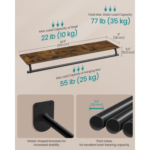 Vægmonteret tøjstativ med hylde – 28 × 109 × 13,2 cm, rustik brun/sort, bæreevne 35 kg