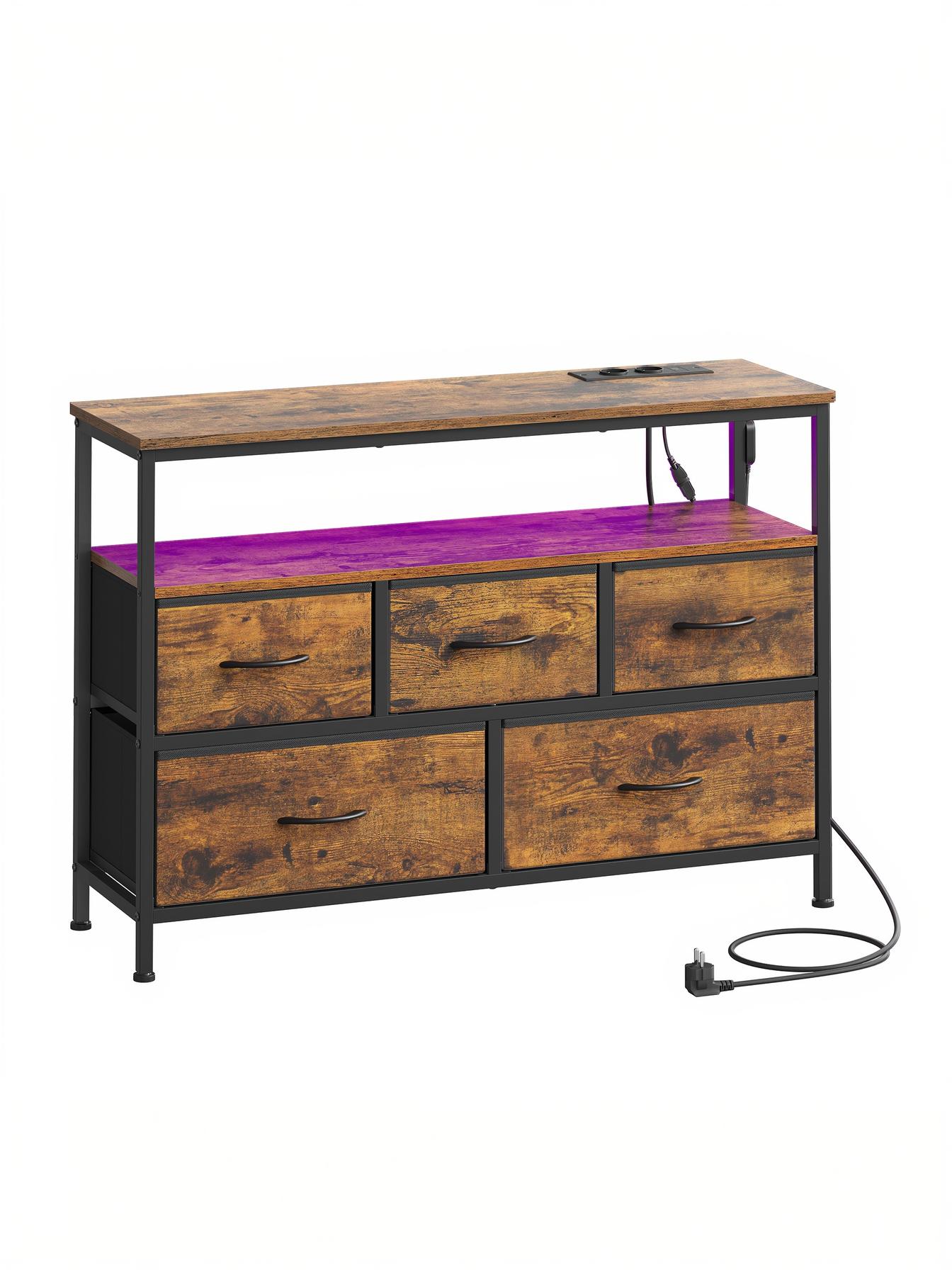 Kommode med LED, strømudtag og 5 skuffer - industriel stil, rustik brun/sort (LGS723KD01)
