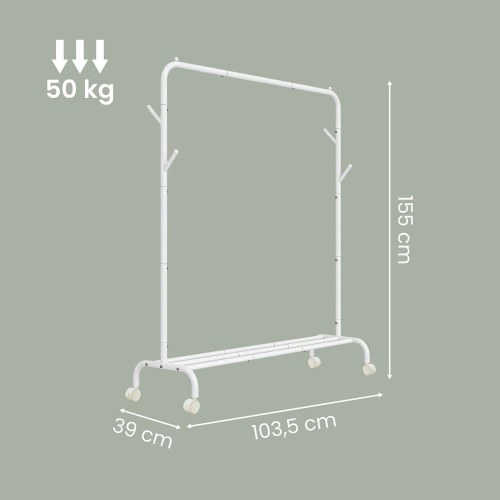 Tøjstativ med hjul og hylde - 102 cm, mat hvid, maks. 50 kg