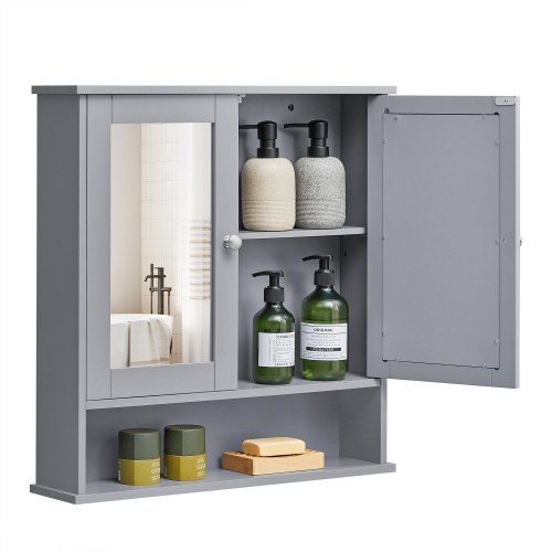 Spejlskab til væg med 2 spejllåger og åbent rum - justerbar hylde, 13 × 56,5 × 58,5 cm, duegrå