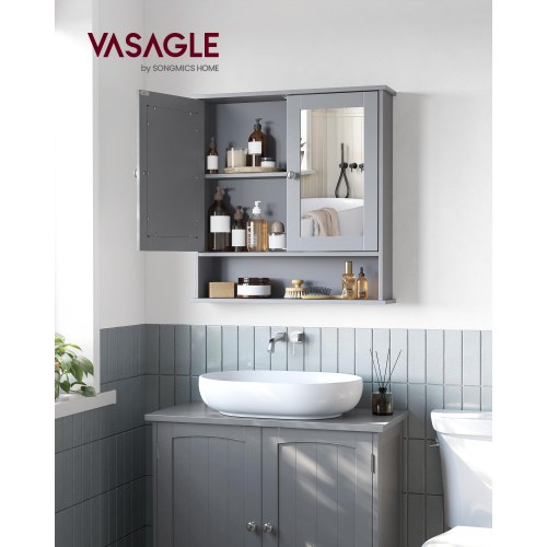 Spejlskab til væg med 2 spejllåger og åbent rum - justerbar hylde, 13 × 56,5 × 58,5 cm, duegrå
