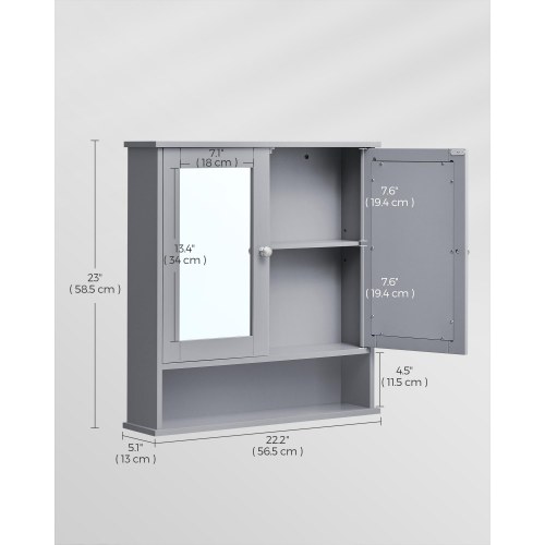 Spejlskab til væg med 2 spejllåger og åbent rum - justerbar hylde, 13 × 56,5 × 58,5 cm, duegrå