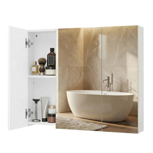 Vægskab med spejl - 3-dørs badeværelsesskab, 15 × 90 × 60 cm, hvid, justerbar hylde
