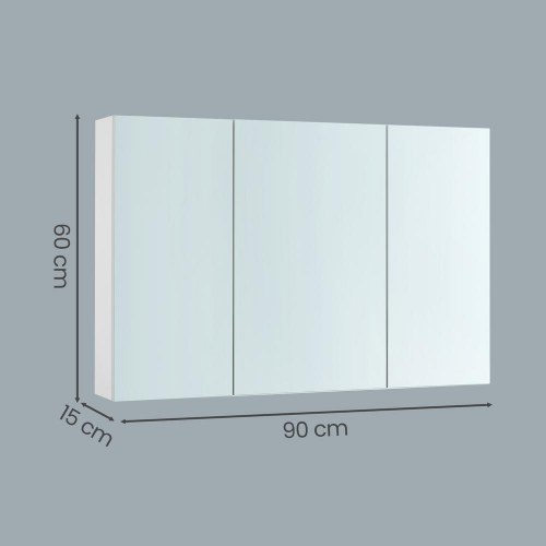 Vægskab med spejl - 3-dørs badeværelsesskab, 15 × 90 × 60 cm, hvid, justerbar hylde