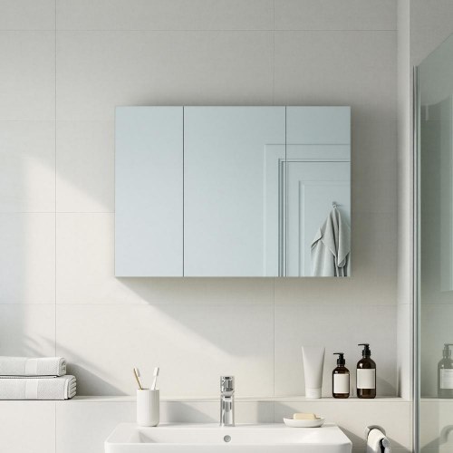 Vægskab med spejl - 3-dørs badeværelsesskab, 15 × 90 × 60 cm, hvid, justerbar hylde