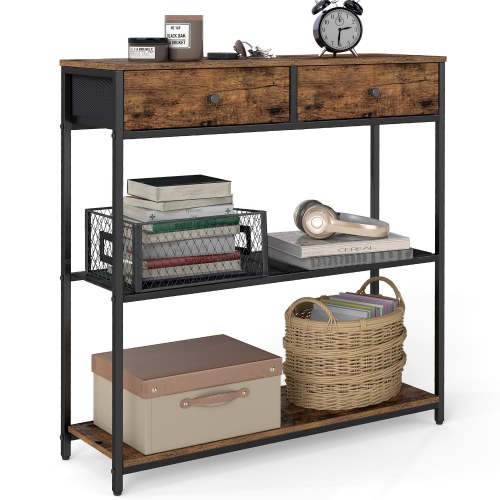 Slankt konsolbord med 2 stofskuffer - 3 niveauer, til stue eller entré, 24 × 76 × 80 cm, brun/sort