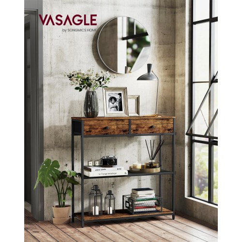Slankt konsolbord med 2 stofskuffer - 3 niveauer, til stue eller entré, 24 × 76 × 80 cm, brun/sort