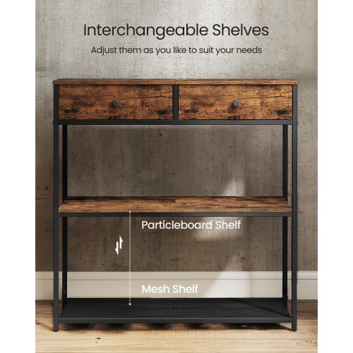 Slankt konsolbord med 2 stofskuffer - 3 niveauer, til stue eller entré, 24 × 76 × 80 cm, brun/sort