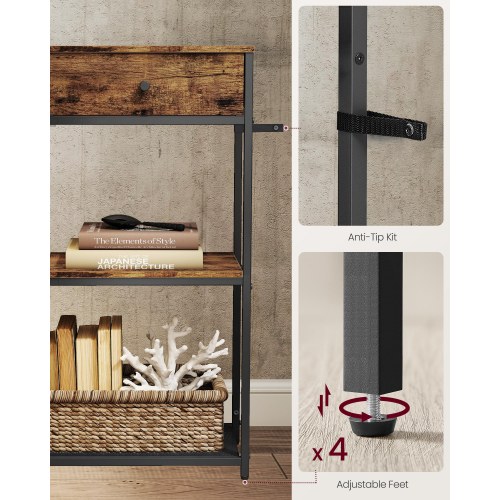 Slankt konsolbord med 2 stofskuffer - 3 niveauer, til stue eller entré, 24 × 76 × 80 cm, brun/sort