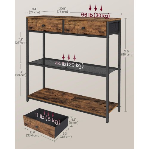 Slankt konsolbord med 2 stofskuffer - 3 niveauer, til stue eller entré, 24 × 76 × 80 cm, brun/sort