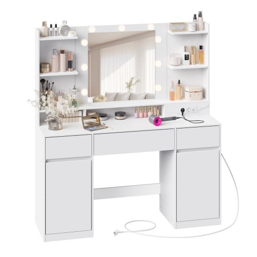 Makeupbord med spejl og LED – Kailyn, 2 skabe, 3 skuffer, 5 hylder, 9 dæmpbare pærer, skydebeslag uden værktøj – cloud hvid