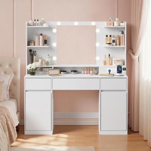Makeupbord med spejl og LED – Kailyn, 2 skabe, 3 skuffer, 5 hylder, 9 dæmpbare pærer, skydebeslag uden værktøj – cloud hvid