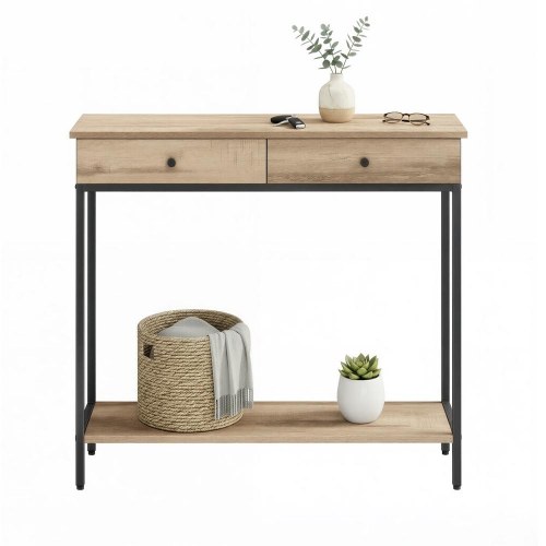 Konsolbord med 2 skuffer - industrielt entrébord i camelbrun/sort, 100 × 30 × 80 cm