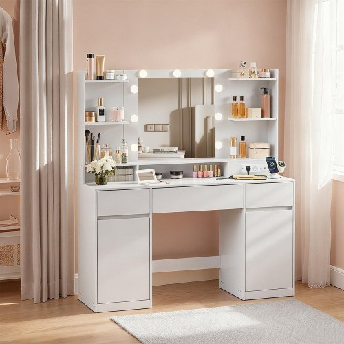 Makeupbord med spejl og LED – Kailyn, 2 skabe, 3 skuffer, 5 hylder, 9 dæmpbare pærer, skydebeslag uden værktøj – cloud hvid