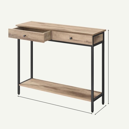 Konsolbord med 2 skuffer - industrielt entrébord i camelbrun/sort, 100 × 30 × 80 cm