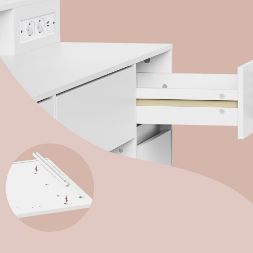 Makeupbord med spejl og LED – Kailyn, 2 skabe, 3 skuffer, 5 hylder, 9 dæmpbare pærer, skydebeslag uden værktøj – cloud hvid