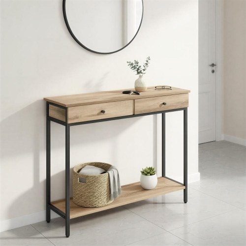 Konsolbord med 2 skuffer - industrielt entrébord i camelbrun/sort, 100 × 30 × 80 cm