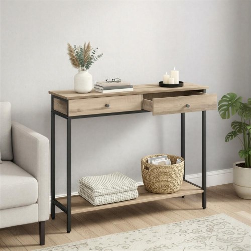 Konsolbord med 2 skuffer - industrielt entrébord i camelbrun/sort, 100 × 30 × 80 cm