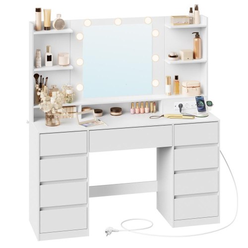 Toiletbord KAILYN med LED-spejl og 9 skuffer - Cloud White
