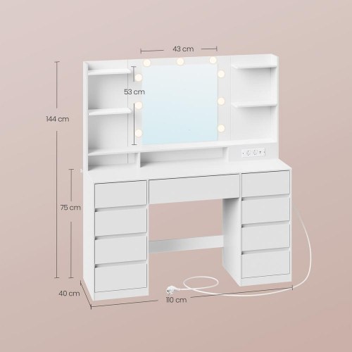 Toiletbord KAILYN med LED-spejl og 9 skuffer - Cloud White