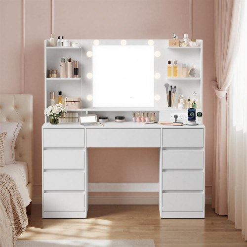 Toiletbord KAILYN med LED-spejl og 9 skuffer - Cloud White