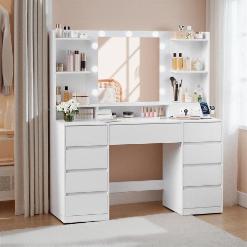 Toiletbord KAILYN med LED-spejl og 9 skuffer - Cloud White