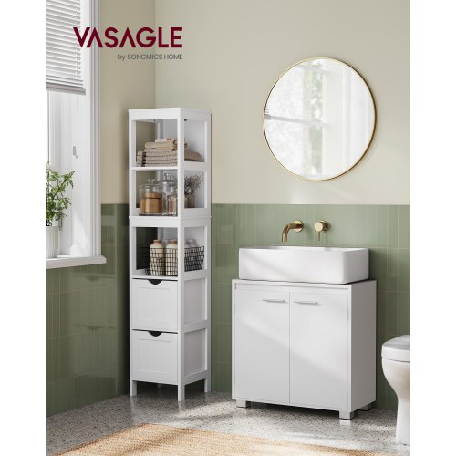 Underskab til håndvask med 2 rum – passer til forskellige håndvaske, justerbar hylde, med ben, 30 × 60 × 60 cm – skyhvid