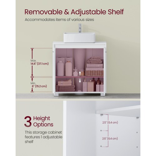 Underskab til håndvask med 2 rum – passer til forskellige håndvaske, justerbar hylde, med ben, 30 × 60 × 60 cm – skyhvid