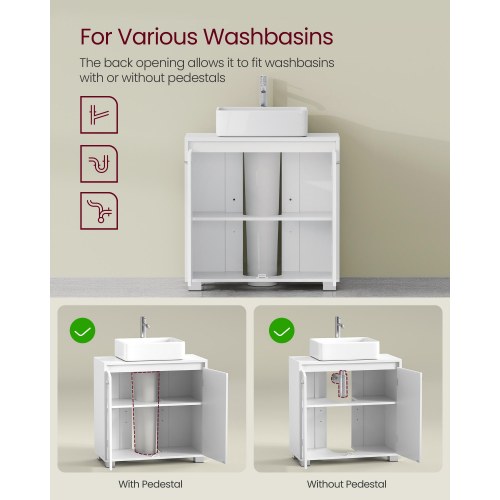 Underskab til håndvask med 2 rum – passer til forskellige håndvaske, justerbar hylde, med ben, 30 × 60 × 60 cm – skyhvid