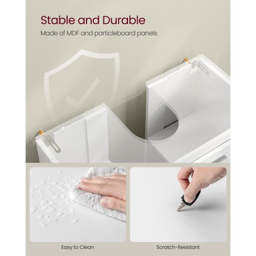 Underskab til håndvask med 2 rum – passer til forskellige håndvaske, justerbar hylde, med ben, 30 × 60 × 60 cm – skyhvid